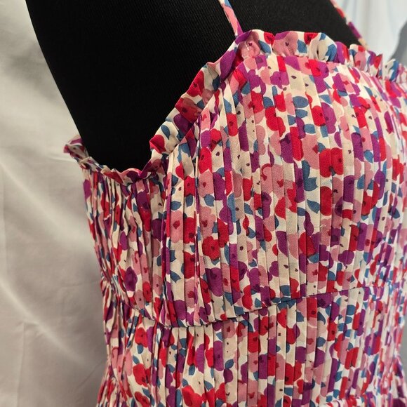 Lucy Paris Dress Floral Pleated Size Medium Red Purple Ruffles Adjustable Straps - Picture 4 of 10